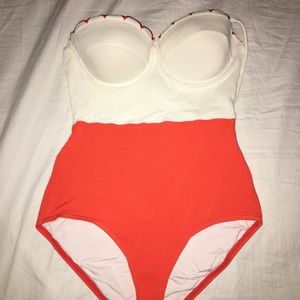 Topshop tomato and cream scallop one piece swim